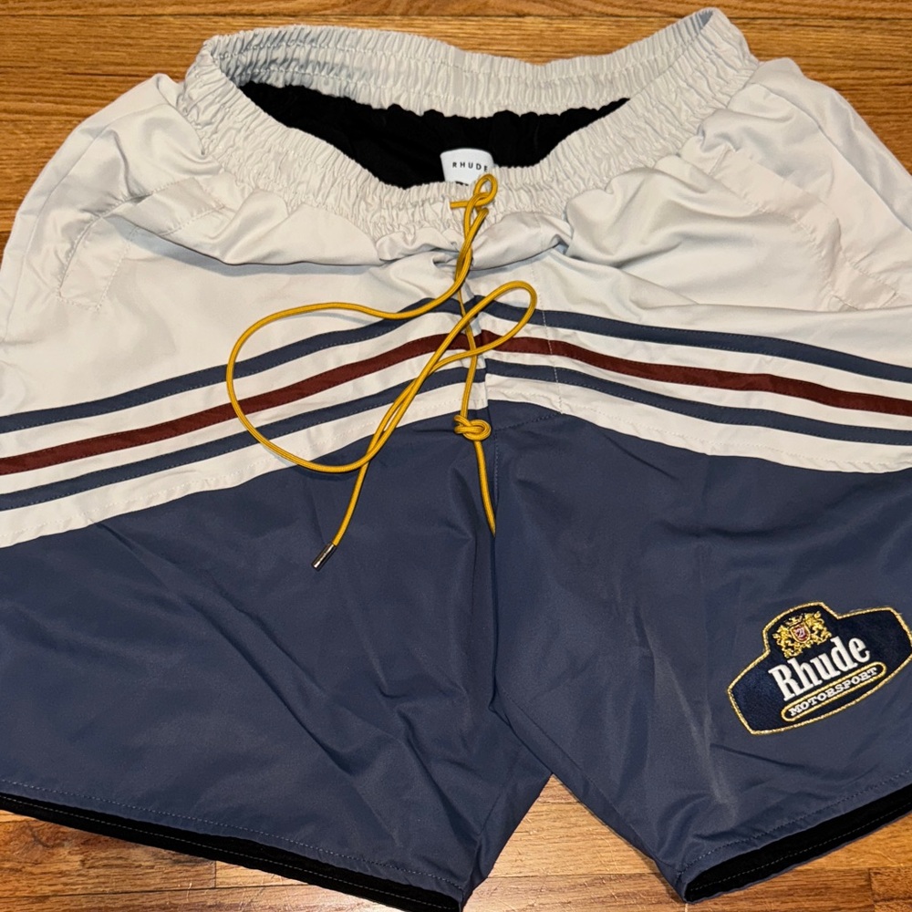 Rhude Navy and White Striped Swim Shorts